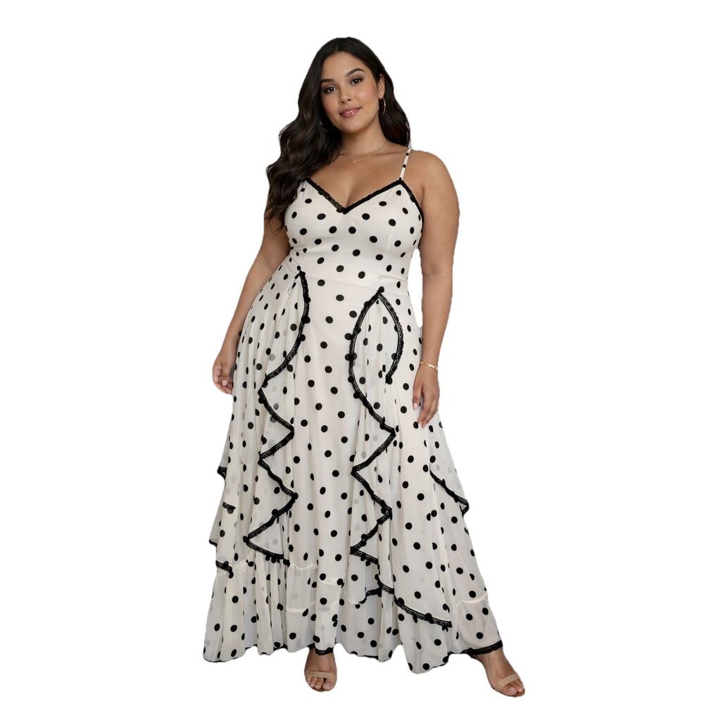 En Saison Ivory‎ Black Polka Dot Maxi Dress L Ruffle Hem Lace Trim NWT Romantic